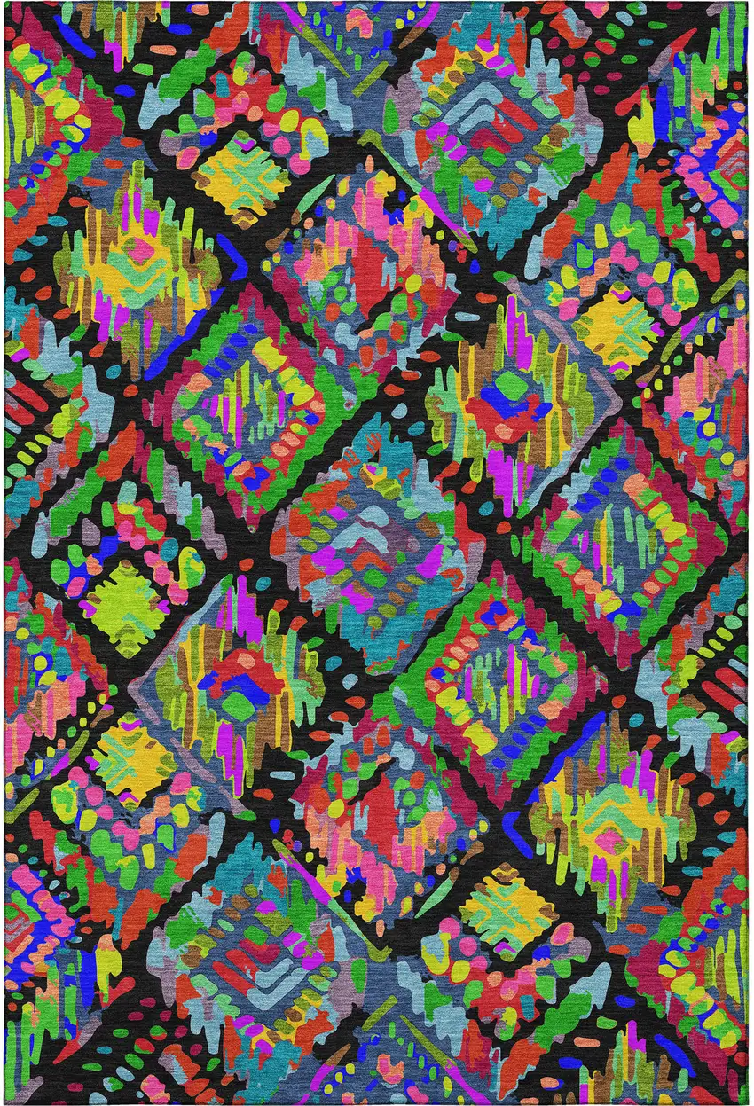 Black Red Pink And Green Geometric Washable Area Rug With UV Protection Photo 2