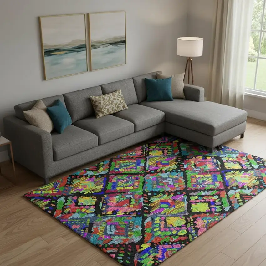 Black Red Pink And Green Geometric Washable Area Rug With UV Protection Photo 1