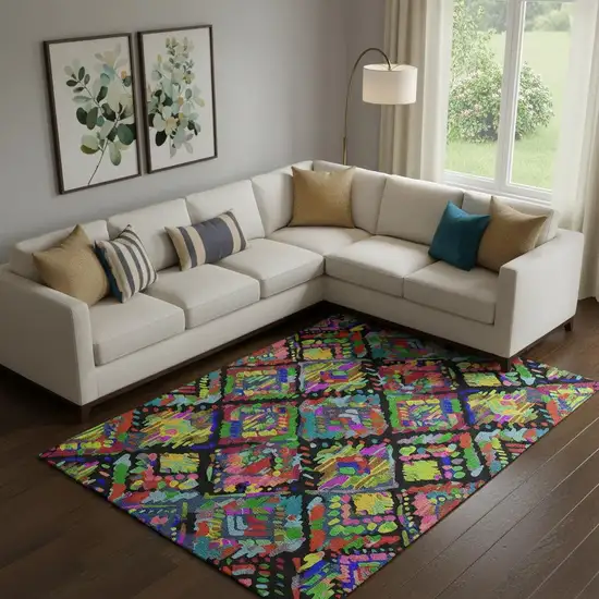 Black Red Pink And Green Geometric Washable Area Rug With UV Protection Photo 2