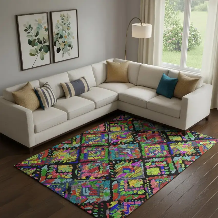 Black Red Pink And Green Geometric Washable Area Rug With UV Protection Photo 2