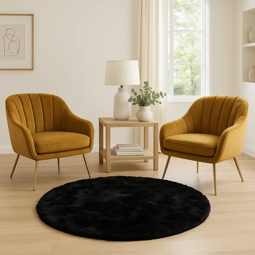 6' X 6' Black Round Faux Fur Washable Non Skid Area Rug Photo 1