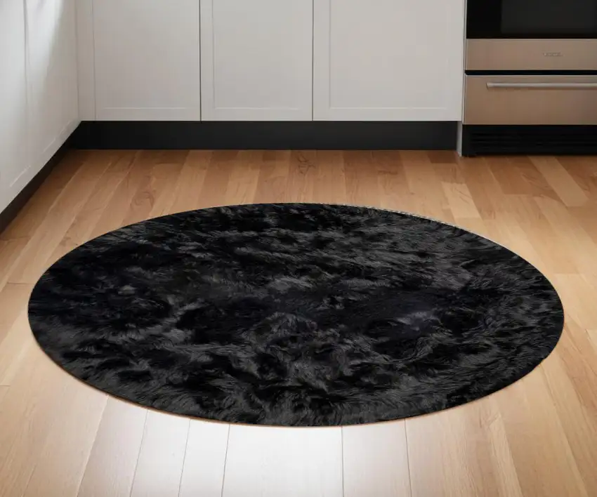 6' X 6' Black Round Faux Fur Washable Non Skid Area Rug Photo 1