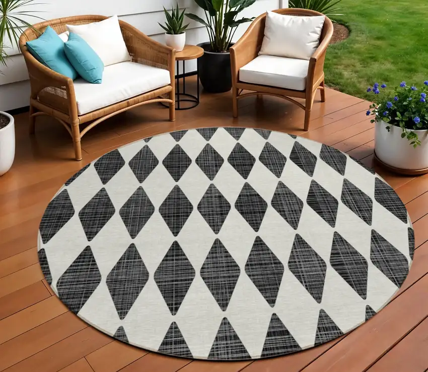 Black Round Geometric Washable Non Skid Indoor Outdoor Area Rug Photo 1