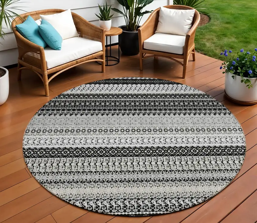 Black Round Striped Washable Non Skid Indoor Outdoor Area Rug Photo 1