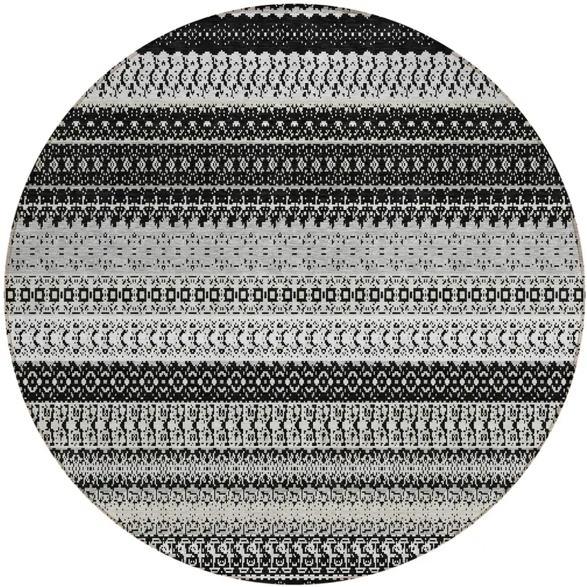 Black Round Striped Washable Non Skid Indoor Outdoor Area Rug Photo 2
