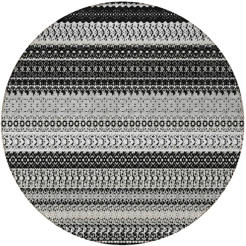 Black Round Striped Washable Non Skid Indoor Outdoor Area Rug Photo 6