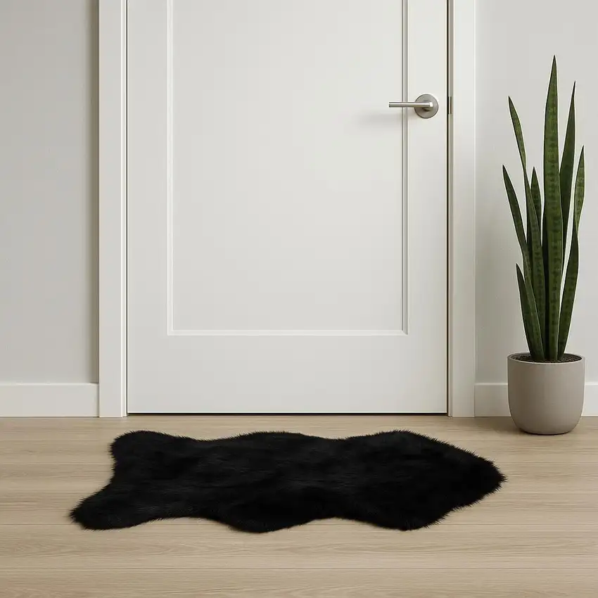 Black Faux Sheepskin Animal Print Washable Area Rug Photo 1