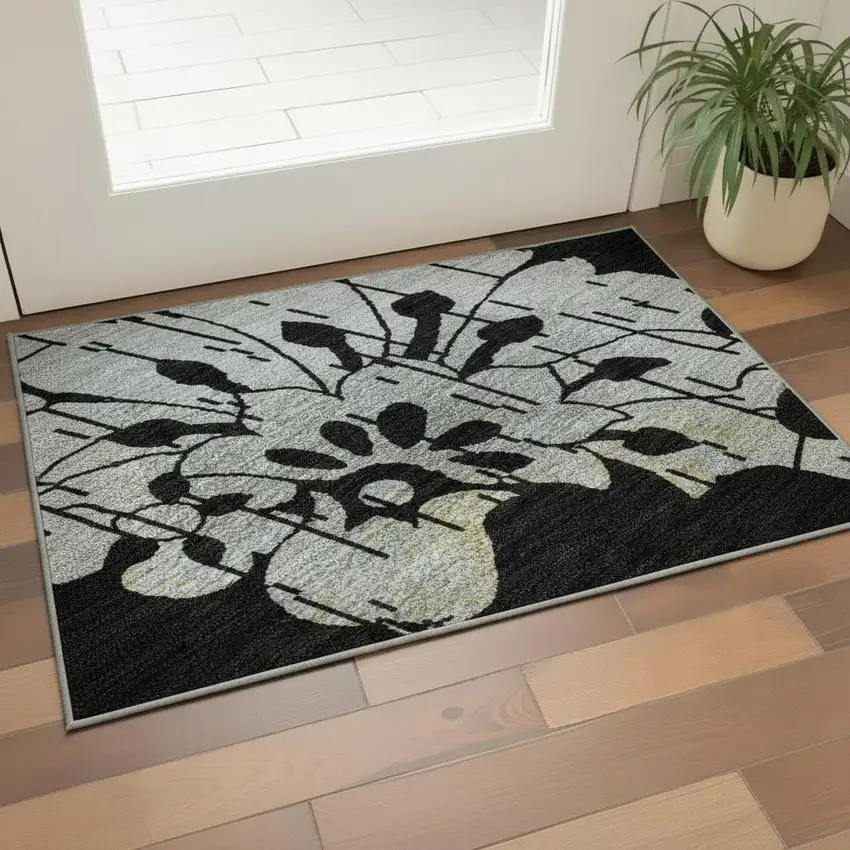 Black Silver And Beige Floral Washable Area Rug With UV Protection Photo 2