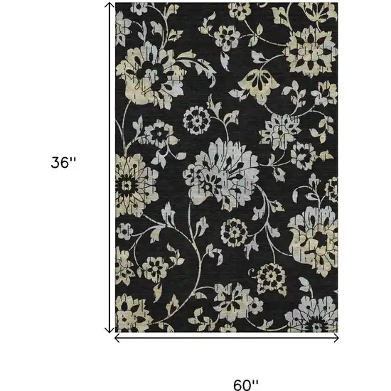 Black Silver And Beige Floral Washable Area Rug With UV Protection Photo 3