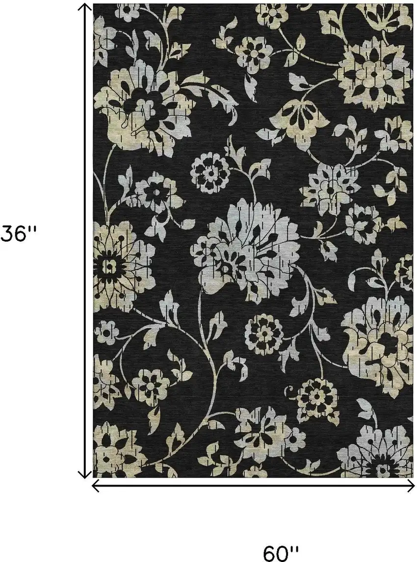 Black Silver And Beige Floral Washable Area Rug With UV Protection Photo 3