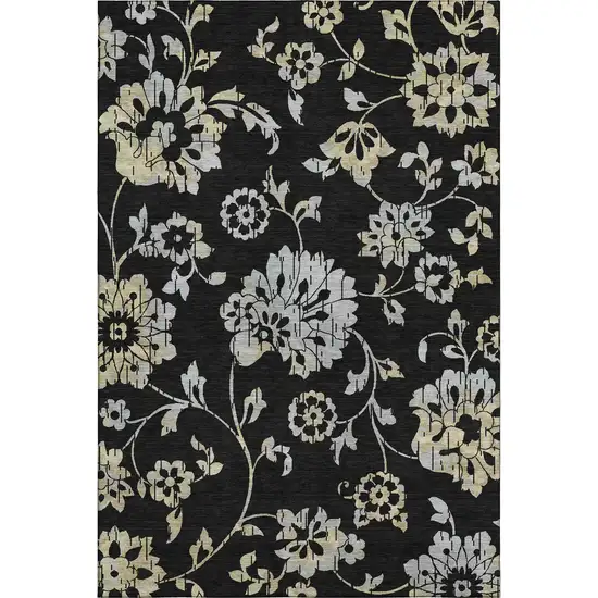 Black Silver And Beige Floral Washable Area Rug With UV Protection Photo 7