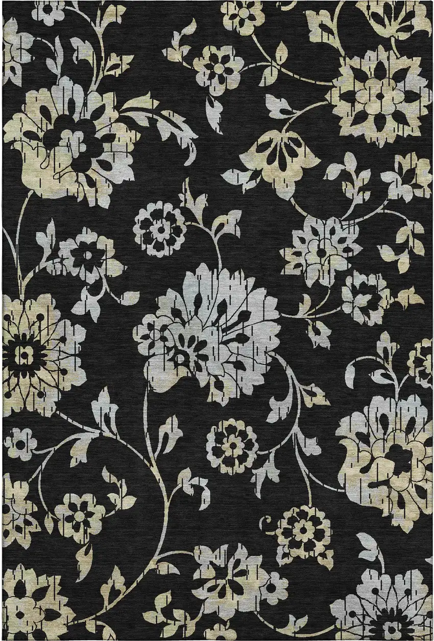 Black Silver And Beige Floral Washable Area Rug With UV Protection Photo 7