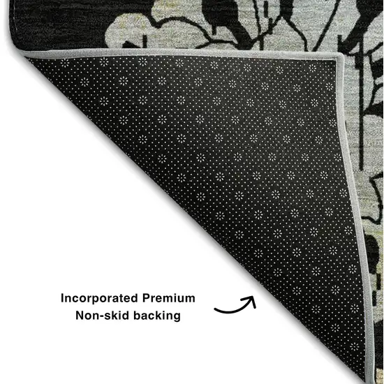Black Silver And Beige Floral Washable Area Rug With UV Protection Photo 8