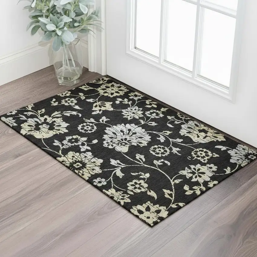 Black Silver And Beige Floral Washable Area Rug With UV Protection Photo 1