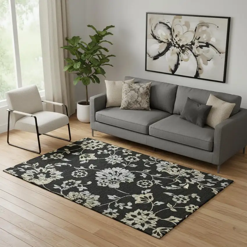 Black Silver And Beige Floral Washable Area Rug With UV Protection Photo 1