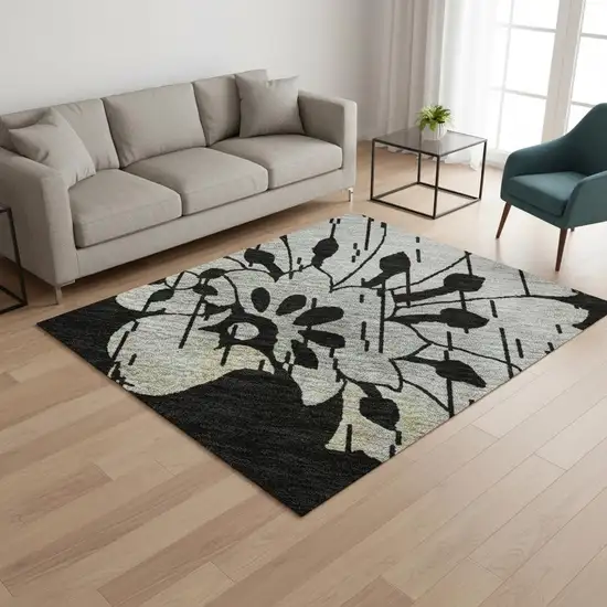 Black Silver And Beige Floral Washable Area Rug With UV Protection Photo 2