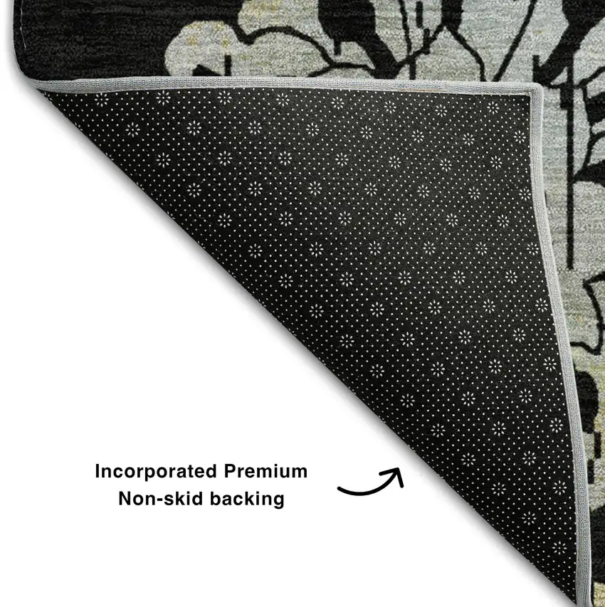 Black Silver And Beige Floral Washable Area Rug With UV Protection Photo 8