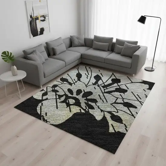 Black Silver And Beige Floral Washable Area Rug With UV Protection Photo 2