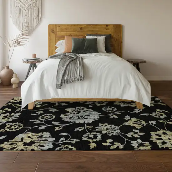Black Silver And Beige Floral Washable Area Rug With UV Protection Photo 6