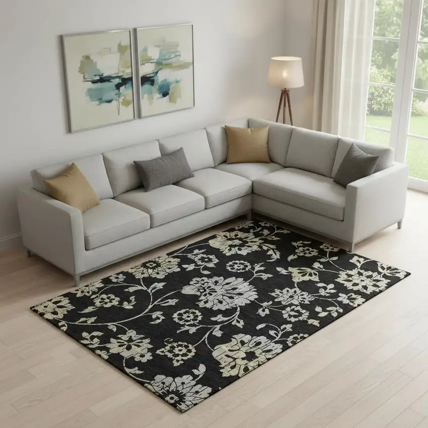 Black Silver And Beige Floral Washable Area Rug With UV Protection Photo 1