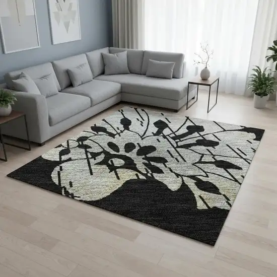 Black Silver And Beige Floral Washable Area Rug With UV Protection Photo 2