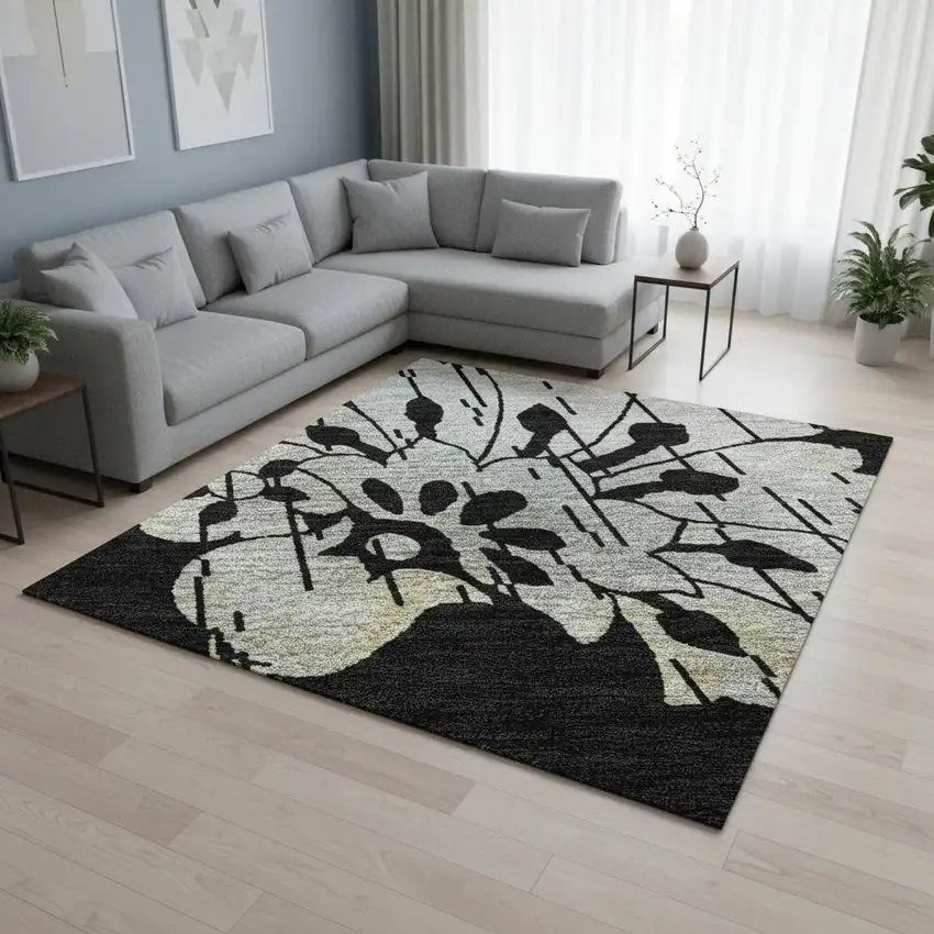 Black Silver And Beige Floral Washable Area Rug With UV Protection Photo 2