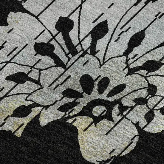 Black Silver And Beige Floral Washable Area Rug With UV Protection Photo 4