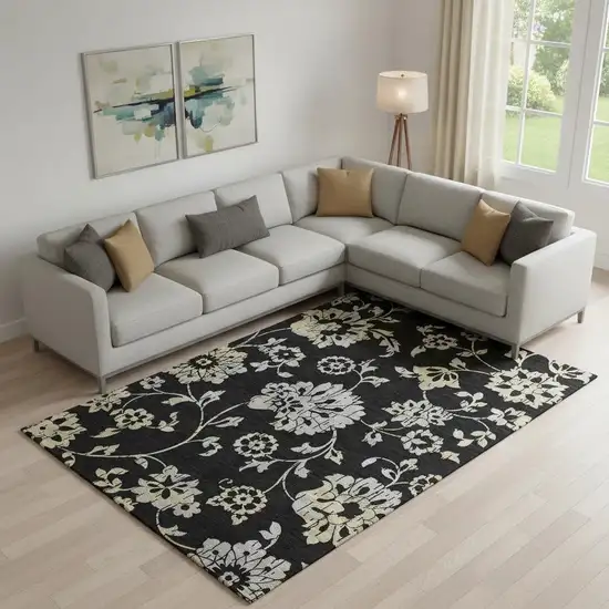 Black Silver And Beige Floral Washable Area Rug With UV Protection Photo 1