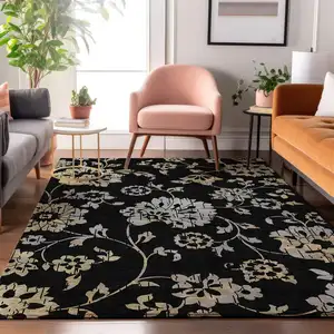 Photo of Black Silver And Beige Floral Washable Area Rug With UV Protection
