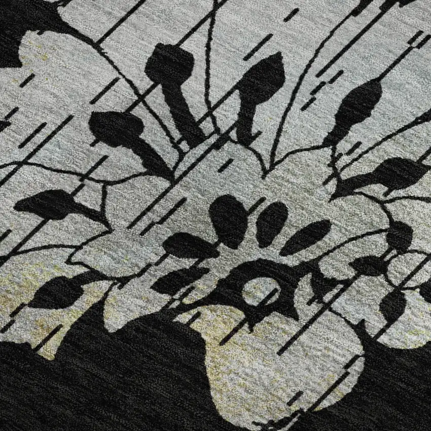 Black Silver And Beige Floral Washable Area Rug With UV Protection Photo 4