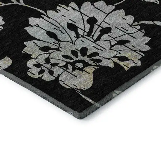 Black Silver And Beige Floral Washable Area Rug With UV Protection Photo 9