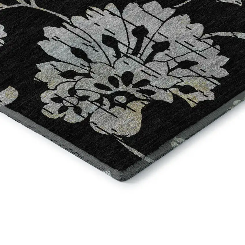Black Silver And Beige Floral Washable Area Rug With UV Protection Photo 9