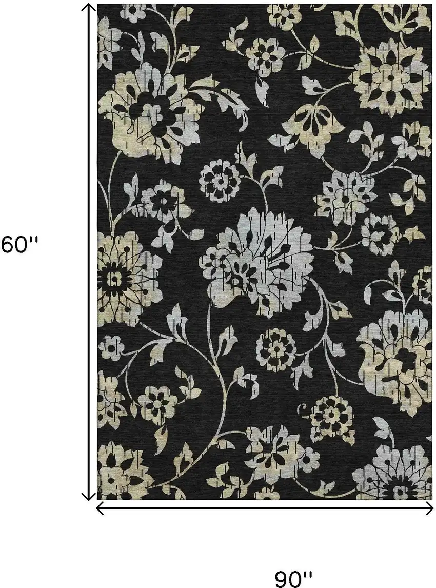 Black Silver And Beige Floral Washable Area Rug With UV Protection Photo 8