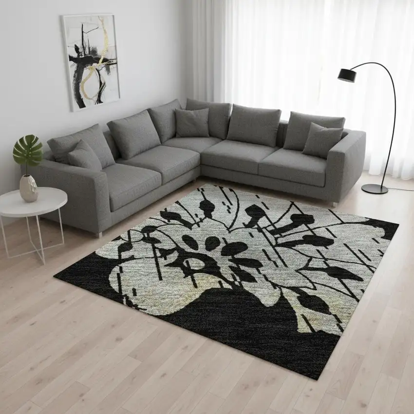 Black Silver And Beige Floral Washable Area Rug With UV Protection Photo 2