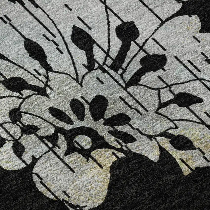 Black Silver And Beige Floral Washable Area Rug With UV Protection Photo 1