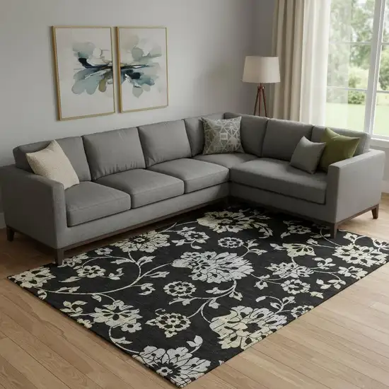 Black Silver And Beige Floral Washable Area Rug With UV Protection Photo 1