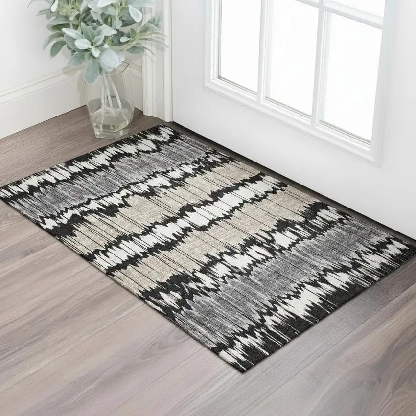 Black Silver And Brown Striped Washable Area Rug With UV Protection Photo 1