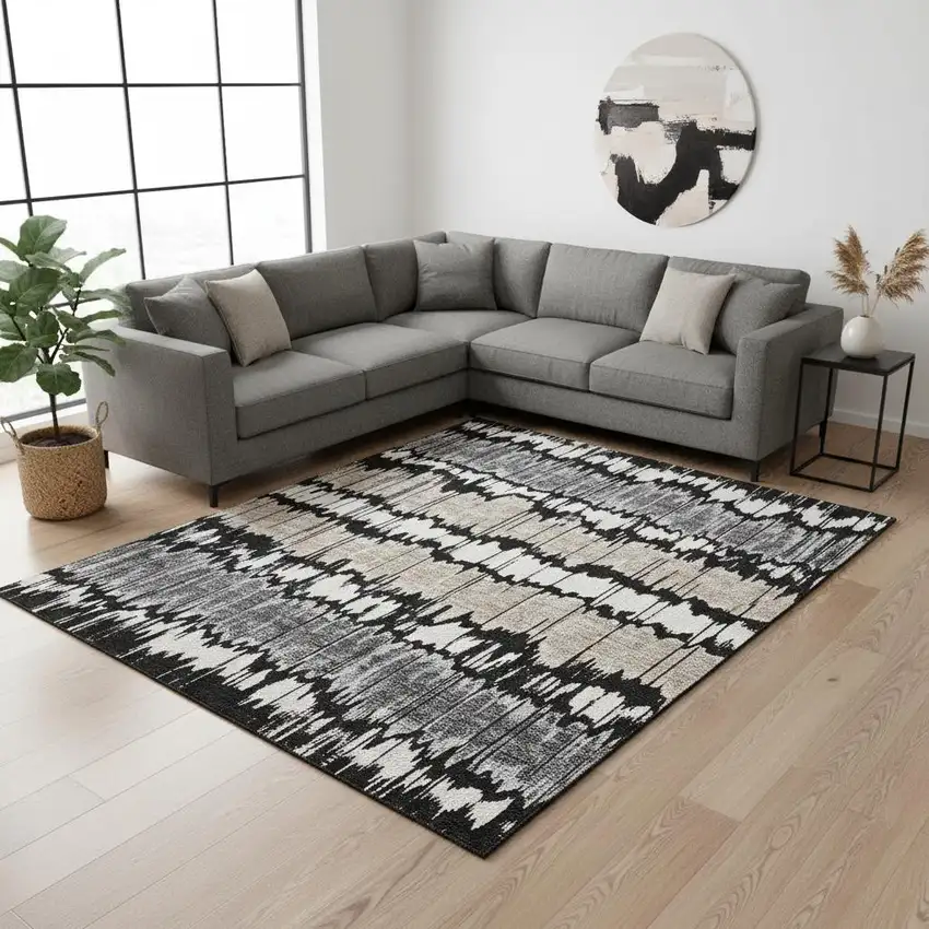 Black Silver And Brown Striped Washable Area Rug With UV Protection Photo 2