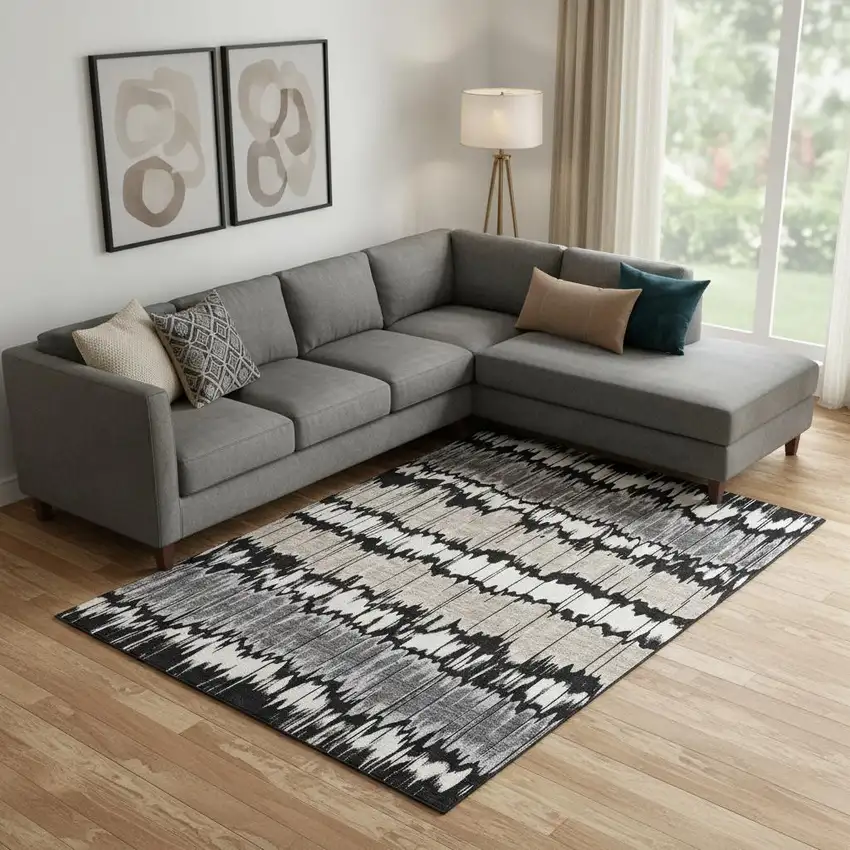 Black Silver And Brown Striped Washable Area Rug With UV Protection Photo 1