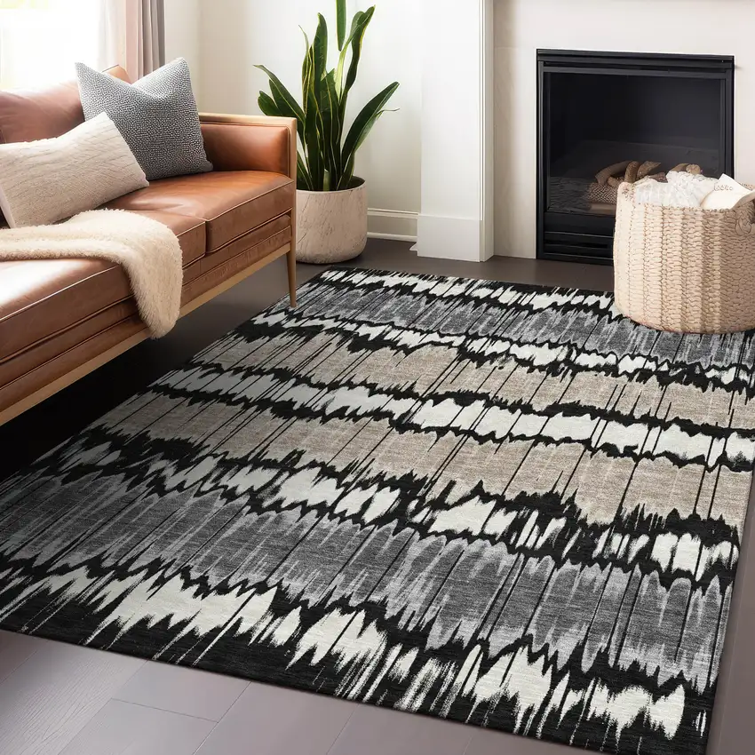 Black Silver And Brown Striped Washable Area Rug With UV Protection Photo 6