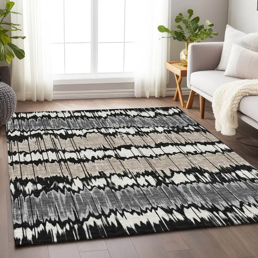 Black Silver And Brown Striped Washable Area Rug With UV Protection Photo 5