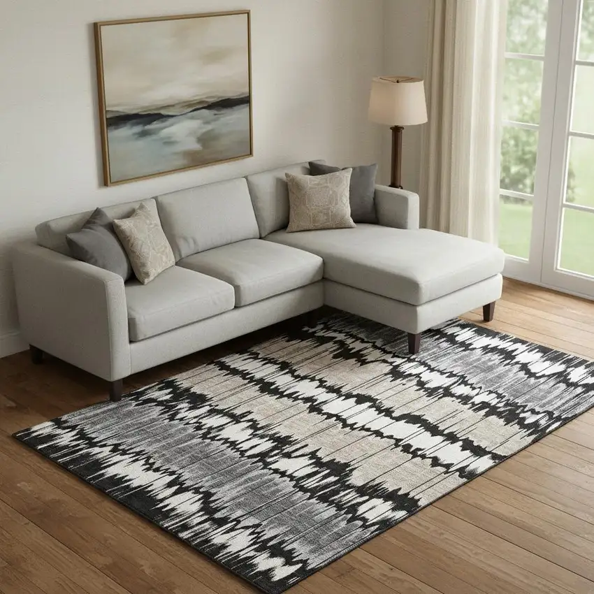Black Silver And Brown Striped Washable Area Rug With UV Protection Photo 1
