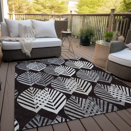 Black Silver And Charcoal Floral Washable Indoor Outdoor Area Rug Photo 9