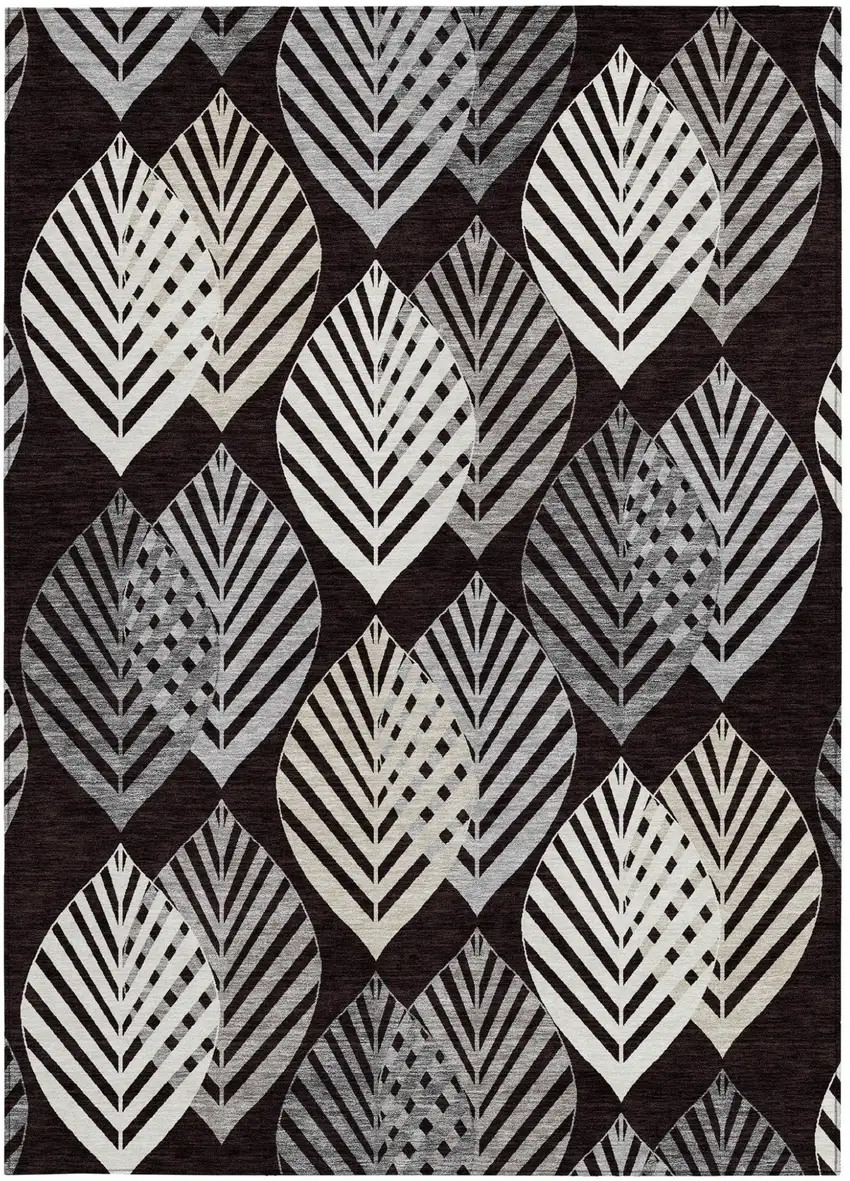 Black Silver And Charcoal Floral Washable Indoor Outdoor Area Rug Photo 5