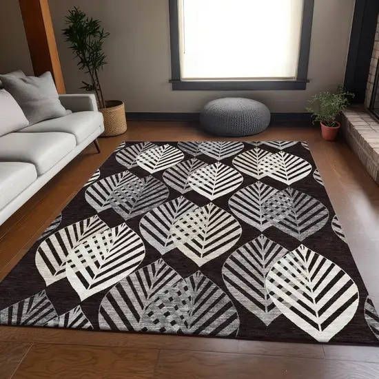 Black Silver And Charcoal Floral Washable Indoor Outdoor Area Rug Photo 7