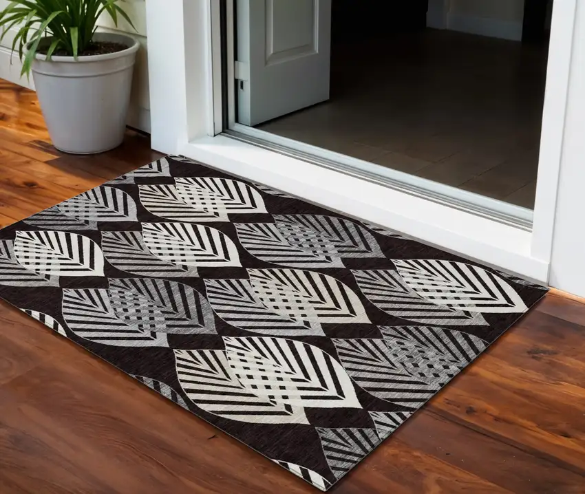 Black Silver And Charcoal Floral Washable Indoor Outdoor Area Rug Photo 1