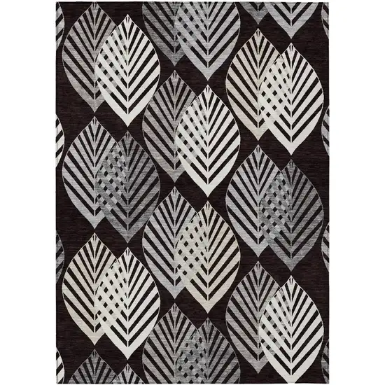 Black Silver And Charcoal Floral Washable Indoor Outdoor Area Rug Photo 1