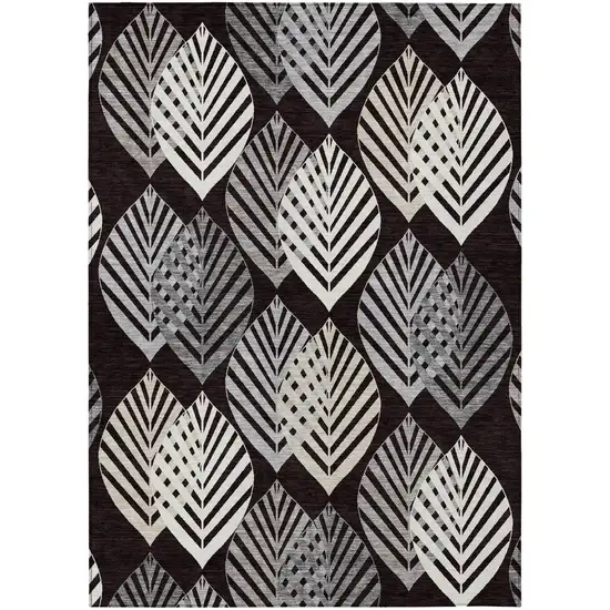 Black Silver And Charcoal Floral Washable Indoor Outdoor Area Rug Photo 1