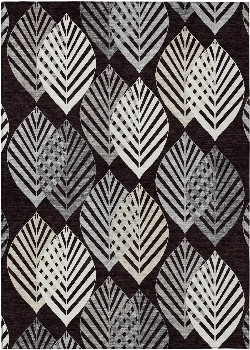 Black Silver And Charcoal Floral Washable Indoor Outdoor Area Rug Photo 1
