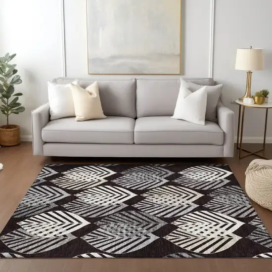 Black Silver And Charcoal Floral Washable Indoor Outdoor Area Rug Photo 8